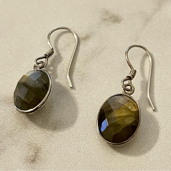 Sterling Silver Faceted Labradorite Gem Earrings Vintage Wedding Engagement - Picture 12 of 12